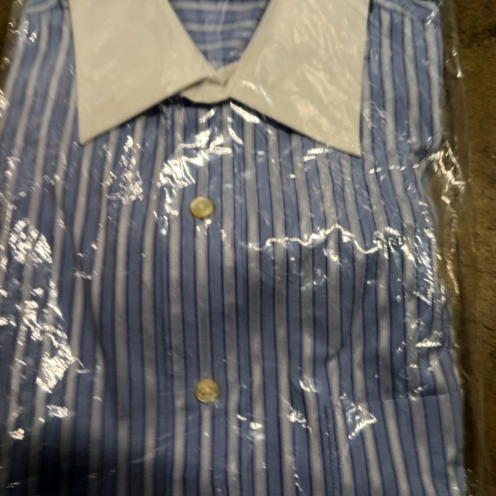 Men's Blue Striped Tasso Elba Cufflink Dress Shirt Size 16.5x34/35